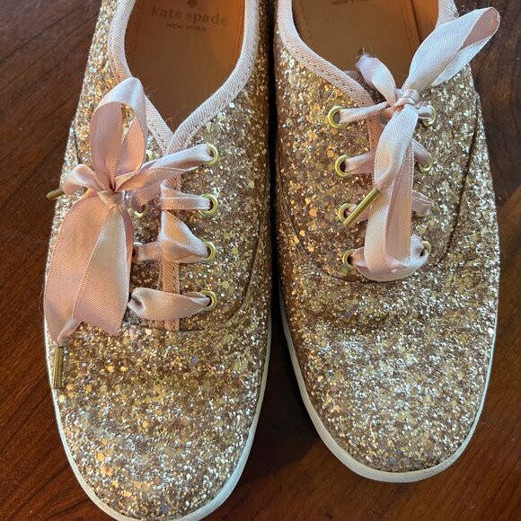 Kate Spade Keds Glitter Sneakers Womens Size 8 US Gold Sparkle With Pink Satin L - Picture 6 of 8